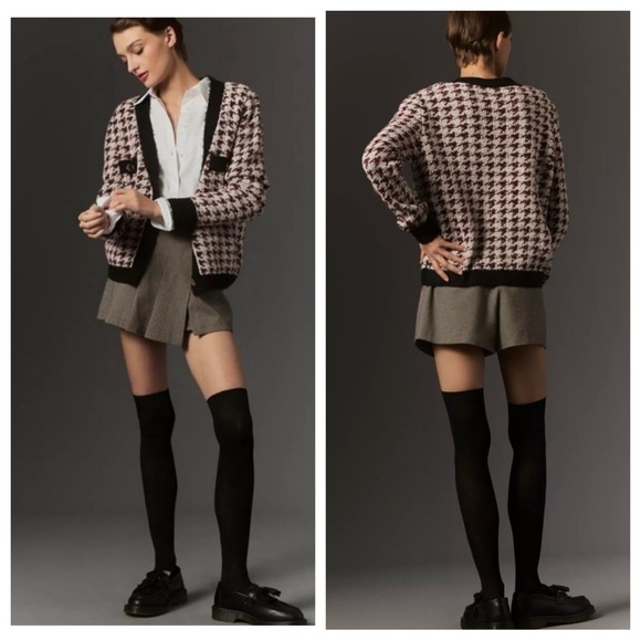 NEW Anthropologie Maeve Fuzzy Houndstooth Cardigan Sweater Small Black White - Picture 14 of 16